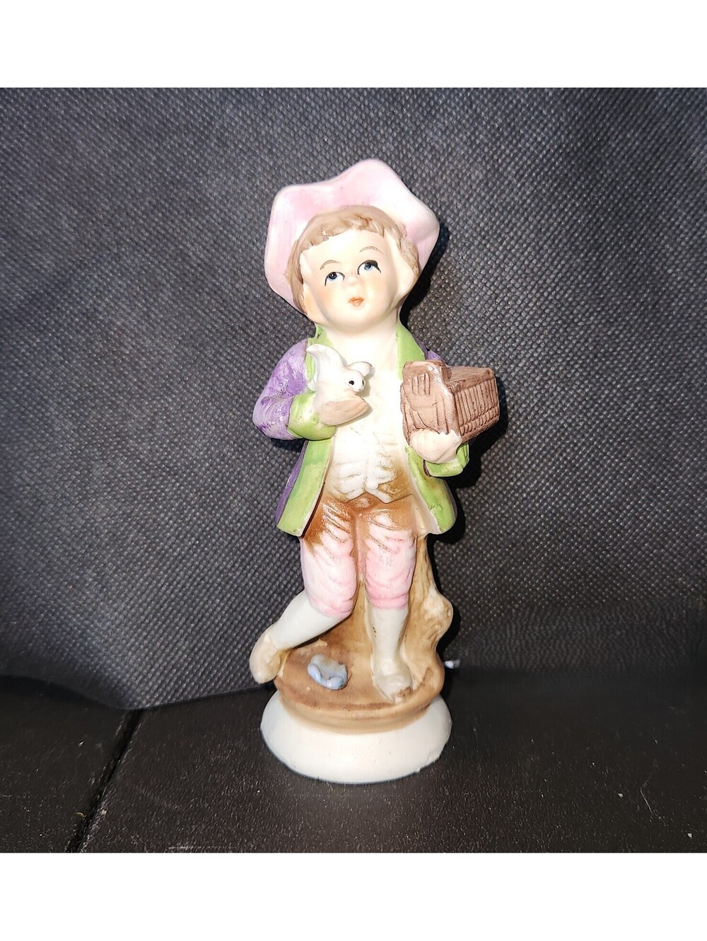 Colonial Boy with Bird in hand and Birdcage Ceramic Porcelain Figurine Cottage